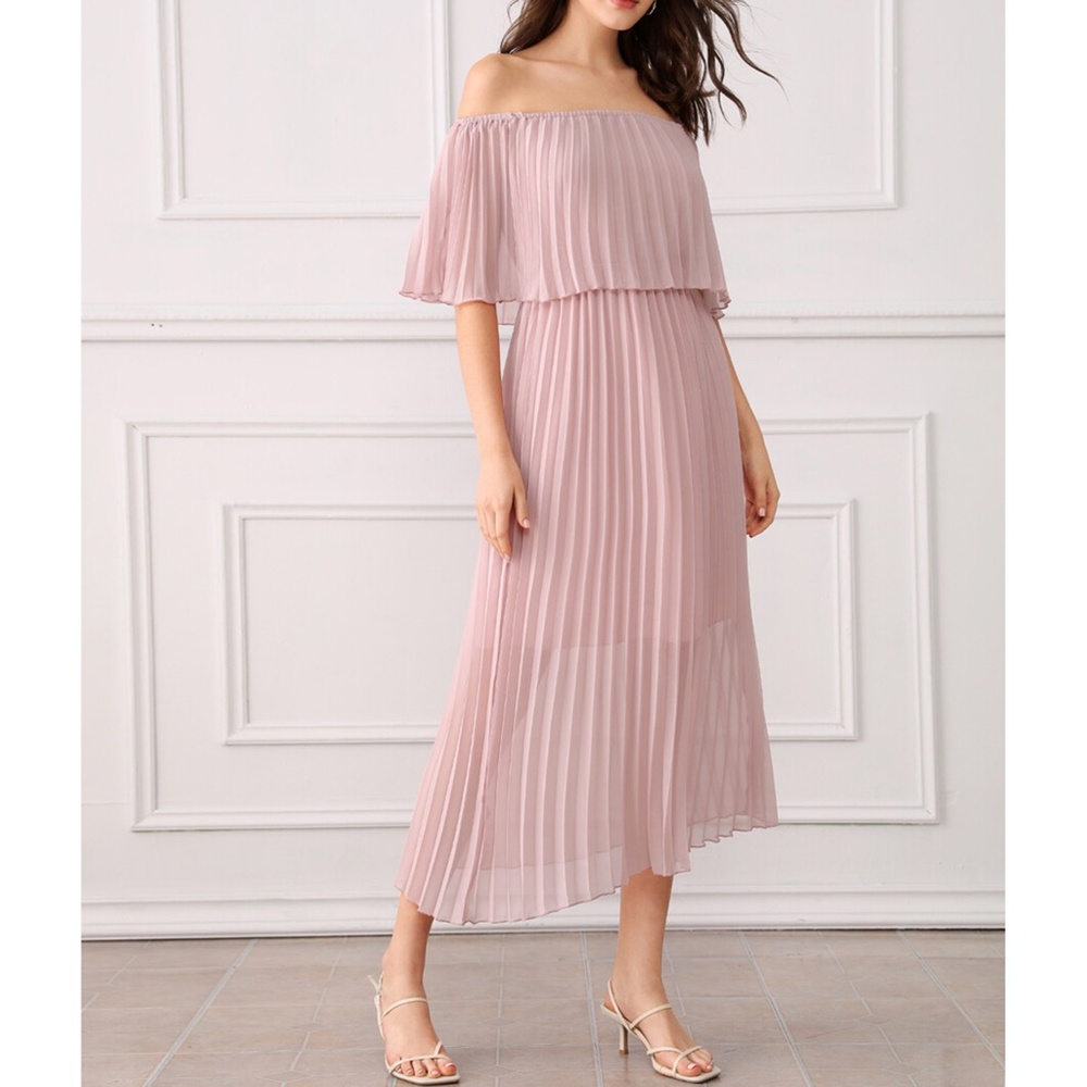 Dusty Pink Off Shoulder Ruffle Pleated Maxi Dress - Picture 4 of 12
